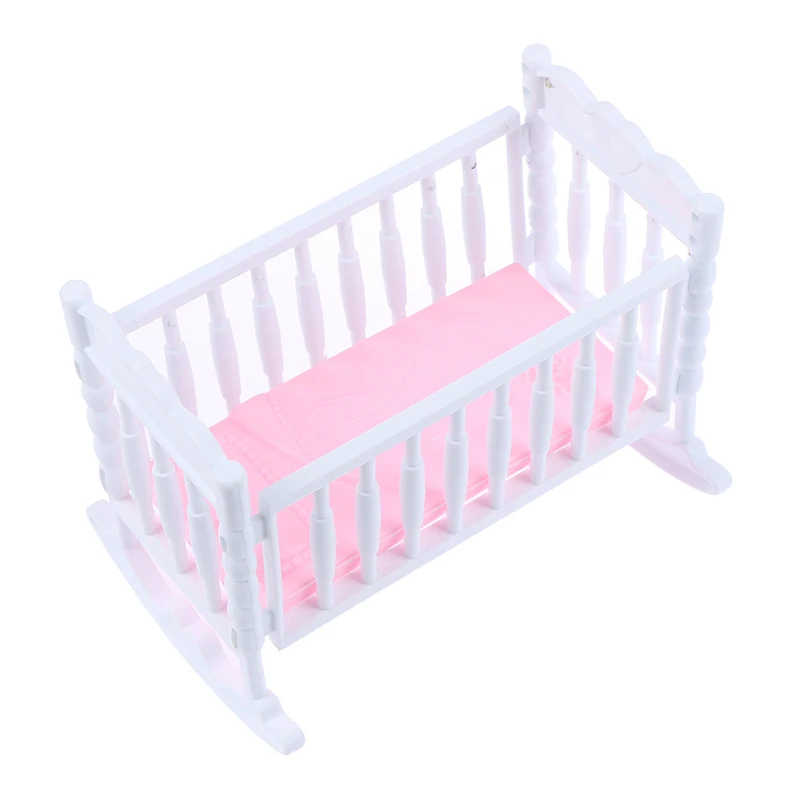 Light Pink Doll Crib Cradle, White Baby Shaker Bed, Doll House Toy Accessories