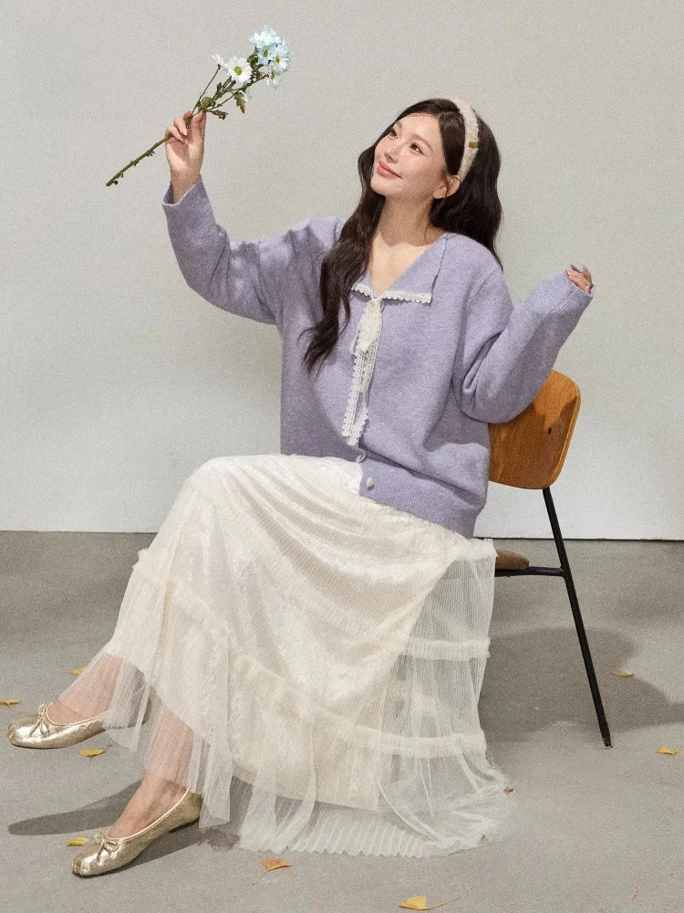 

Зимний комплект больших размеров в фиолетовом цвете с кружевным свитером и юбкой в корейском стиле для полных женщин, с высокой талией, в стиле принцессы.