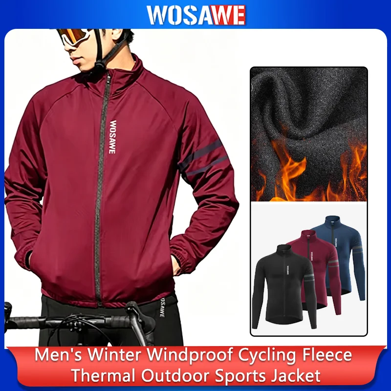 WOSAWE Bicycle Men's Jacket Winter Windproof Cycling Jacket Fleece Warm Riding Outdoor Running Sports Jacket for Hiking