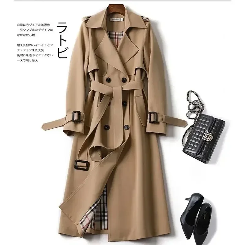 Faithe Korean Version of The British Style Coat Double Trench Coat Casual Style Long Y2K Spring and Autumn New Over-theknee Coat