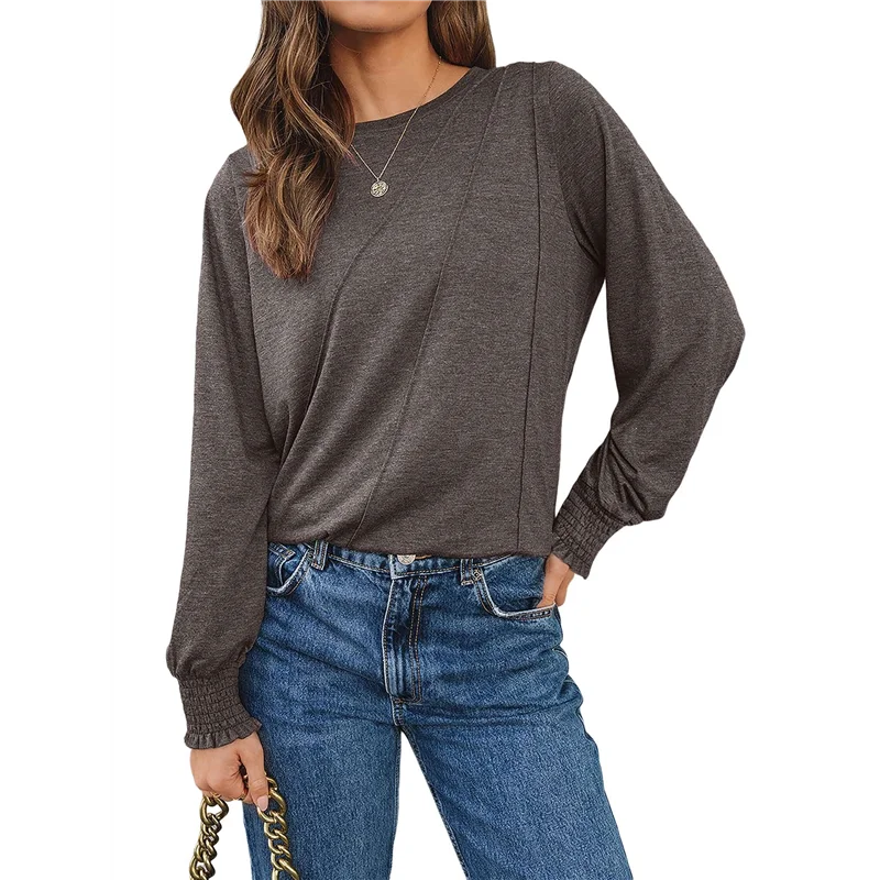 

ABRT-Женские топы с длинными рукавами, плиссированные повседневные деловые блузки с круглым вырезом, модная одежда