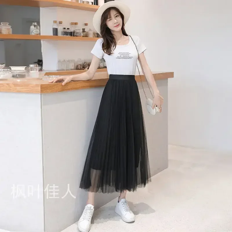 wang sha qun Long Pleated Skirt High-Waisted A- line Skirt Woman Skirts Mujer Faldas Saias Mulher