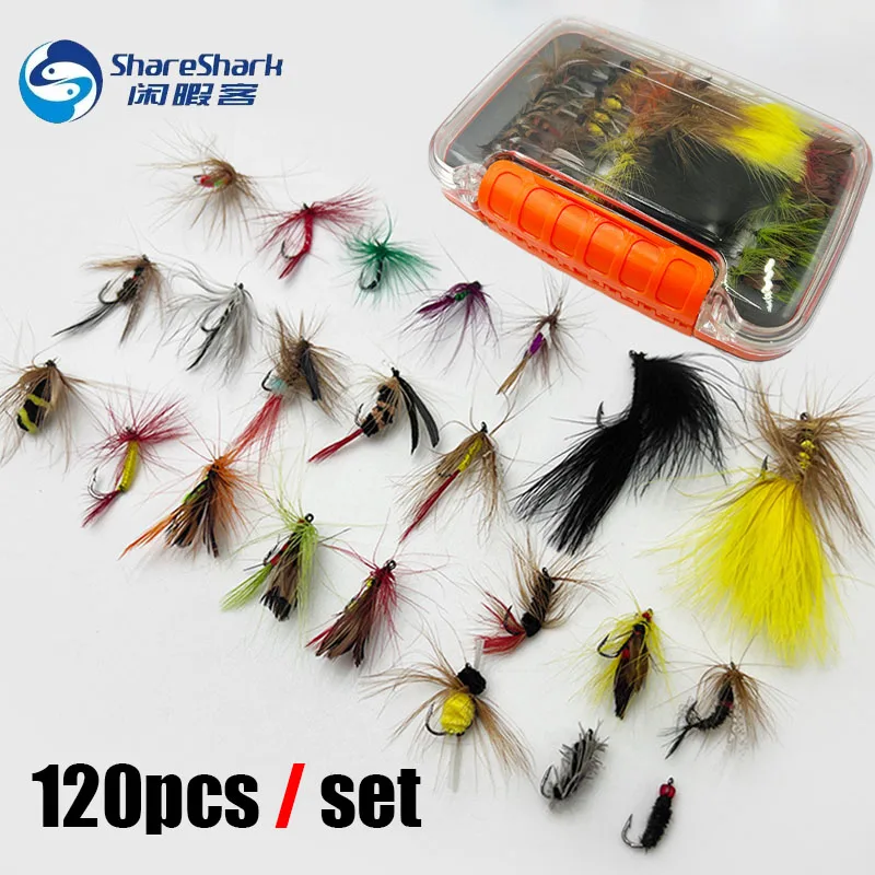 

120Pcs/Set Bionic Fly Hook Set Lure Fishing Gear Fake Bait Double Layer Fly Fishing Box Fly Insects Different Styles