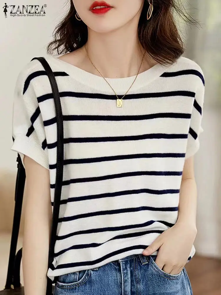 ZANZEA Women Stripes Short Sleeve Blouse Summer Boat Neck Shirt Fashion Casual Loose Office Tops Blusas 2024 Female Korean Tunic