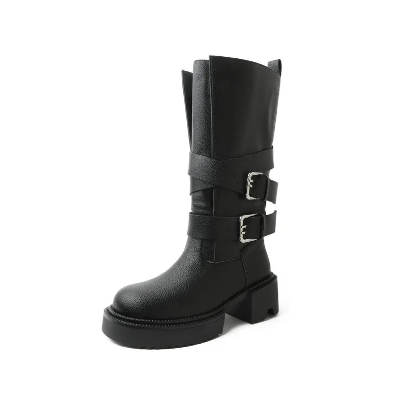 

2025 новые трендовые женские современные римские ботинки на платформе из натуральной кожи до середины икры с пряжкой в стиле вестерн