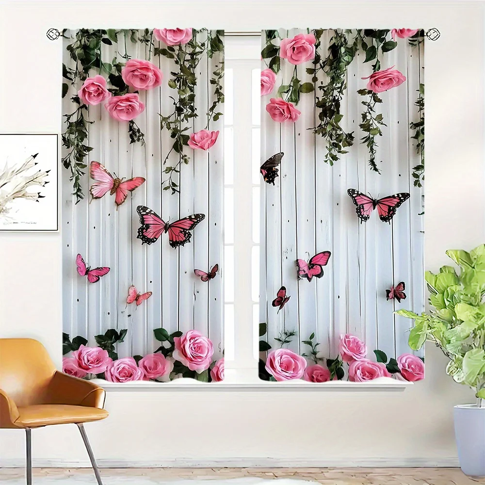 2pcs Set Butterfly & Pink Rose Blackout Curtains - Heat Insulating, Privacy Enhancing Translucent Drapes for Bedroom, Living Roo