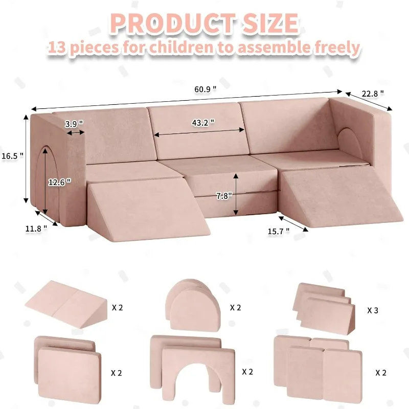 13PCS Modular Kids Play Couch 13 in 1 Toddler Couch for Playing, Creativing, Sleeping Indoor Kids Sofa for Boys and Girls (Pink)