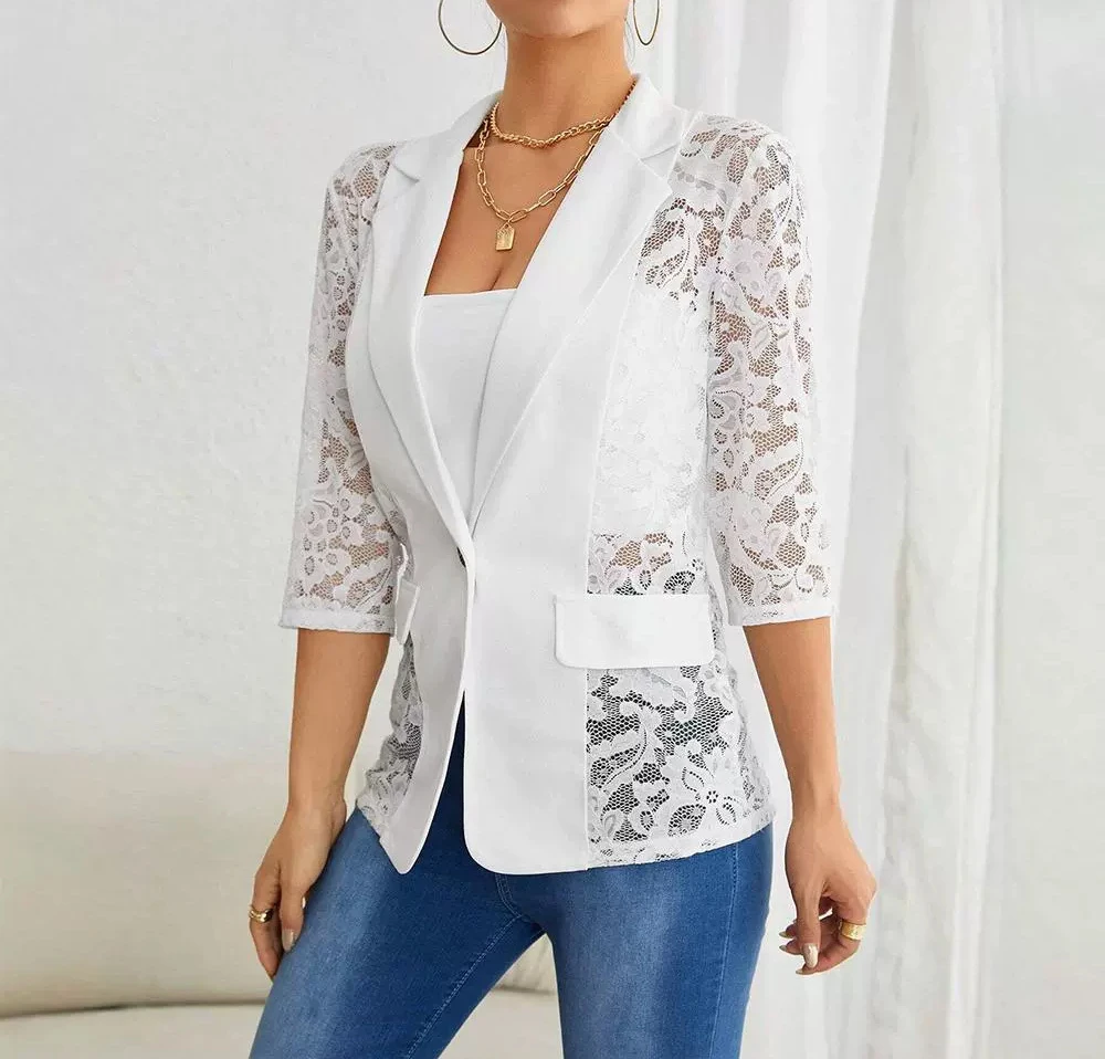 Elegant Suit Jacket for Woman New Fashion 2024 Summer Autumn Spring Casual Lace Patch Single Breasted Flap Detail Blazer Coat