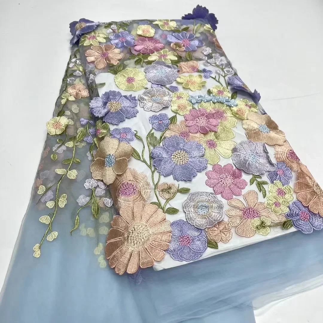 Luxe Afrikaanse 3d Bloem Kant Stof 2024 Hoge Kwaliteit Geborduurde Nigeriaanse Kant Stoffen 5 Yards Voor Vrouwen Feestjurk Mhy5435