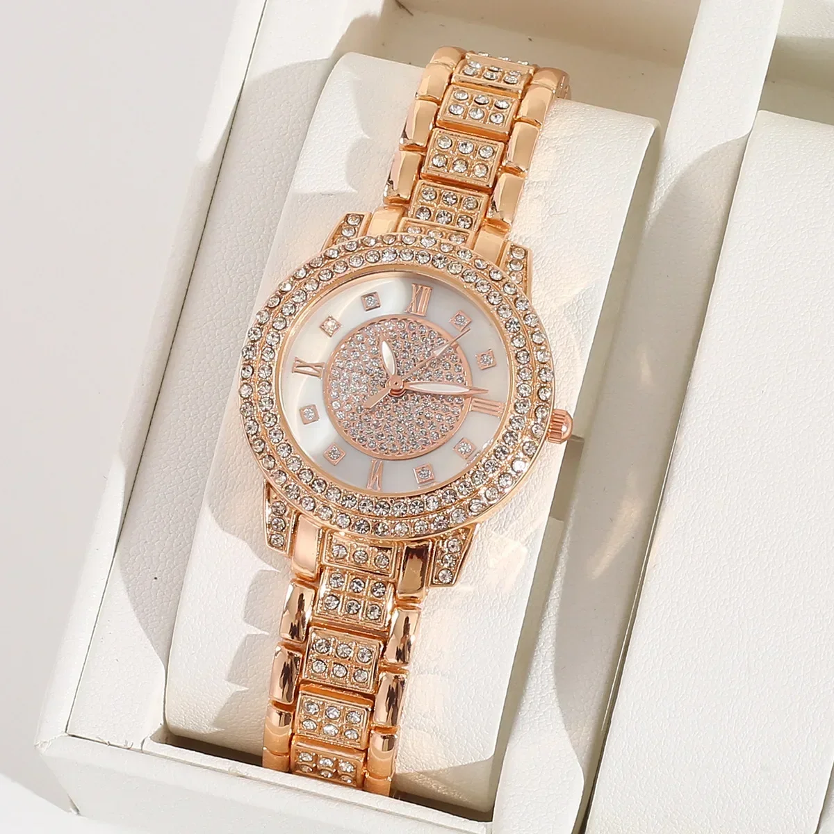 Women's Quartz Watch Gold Luxury Women Ring Necklace Earring Rhinestone Fashion Wristwatch Casual Ladies Watches Jewelry Set