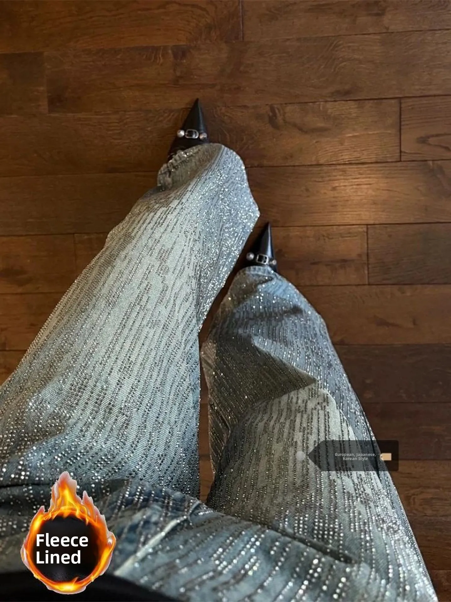 

Женские расклешенные широкие джинсы на подкладке с высокой талией, осень-зима, новые джинсовые джинсы Sle Street Faion Diamond Embellied