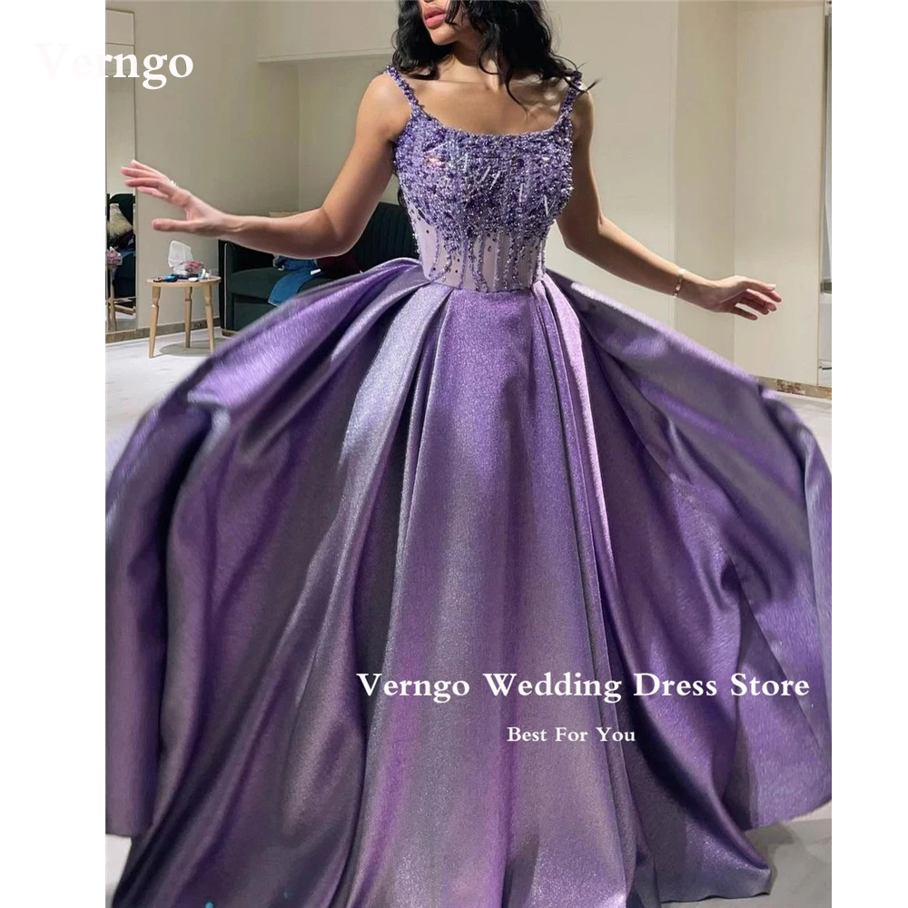 Verngo Shiny Purple Arabic Women Evening Dresses Spaghetti Straps Pearls Shiny Dubai Luxury Prom Gowns Formal Party Dress