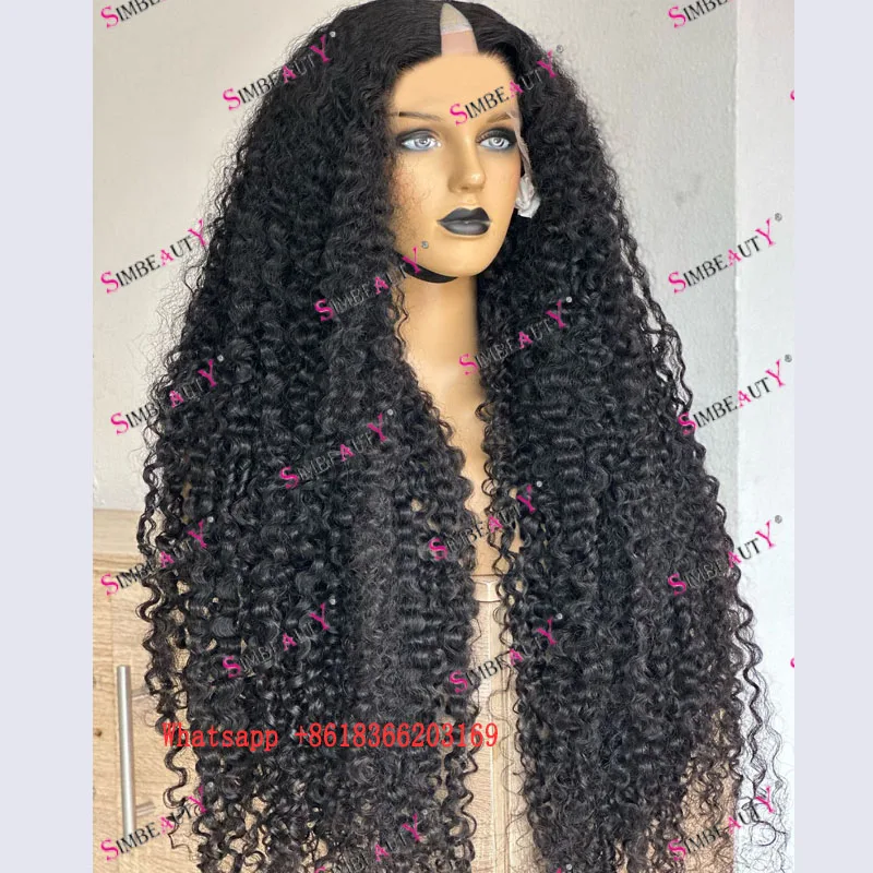 Super Long 30Inch Afro Kinky Curly Human Hair Full Machine Made V Part Wigs for Black Women Natural Jet Black #1 V Part Wigs