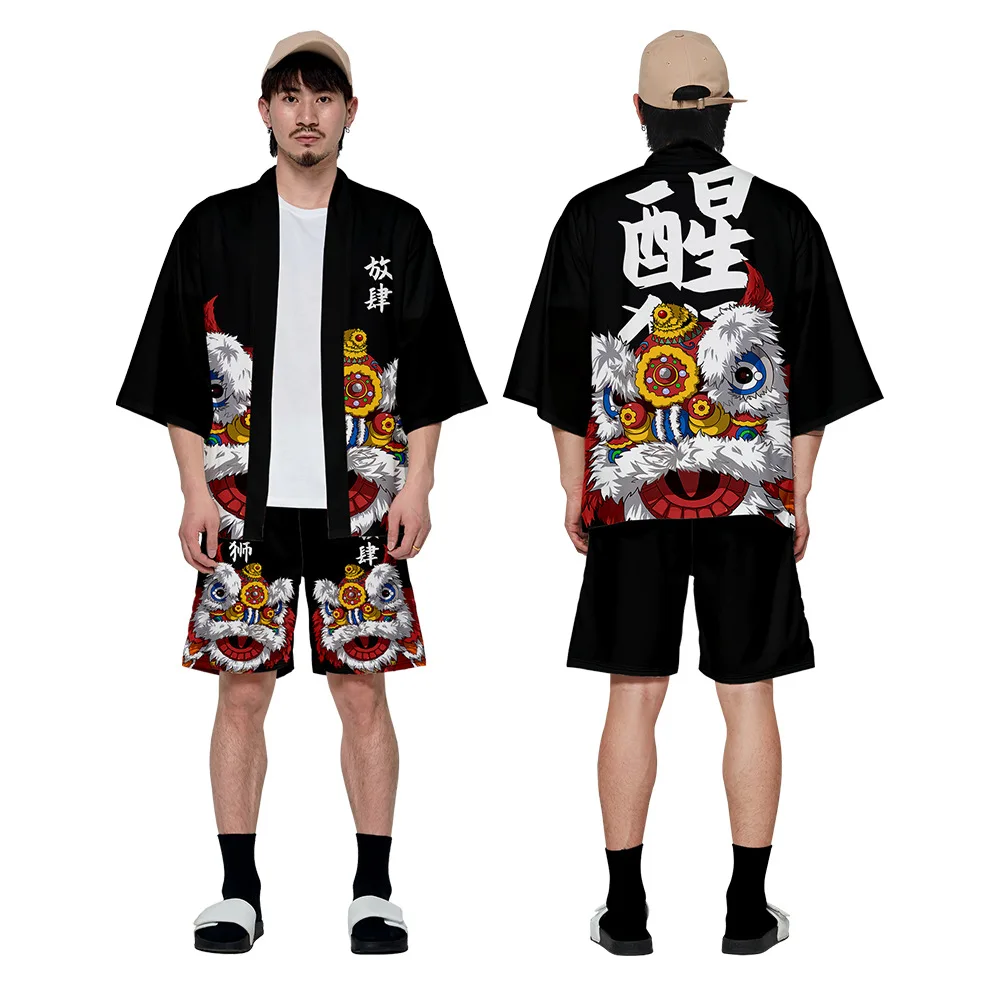 Summer Two-piece Suit Vintage Japanese Loose Cardigan Newest Haori Yukata Hannya Mask Print Kimono Shorts Sets