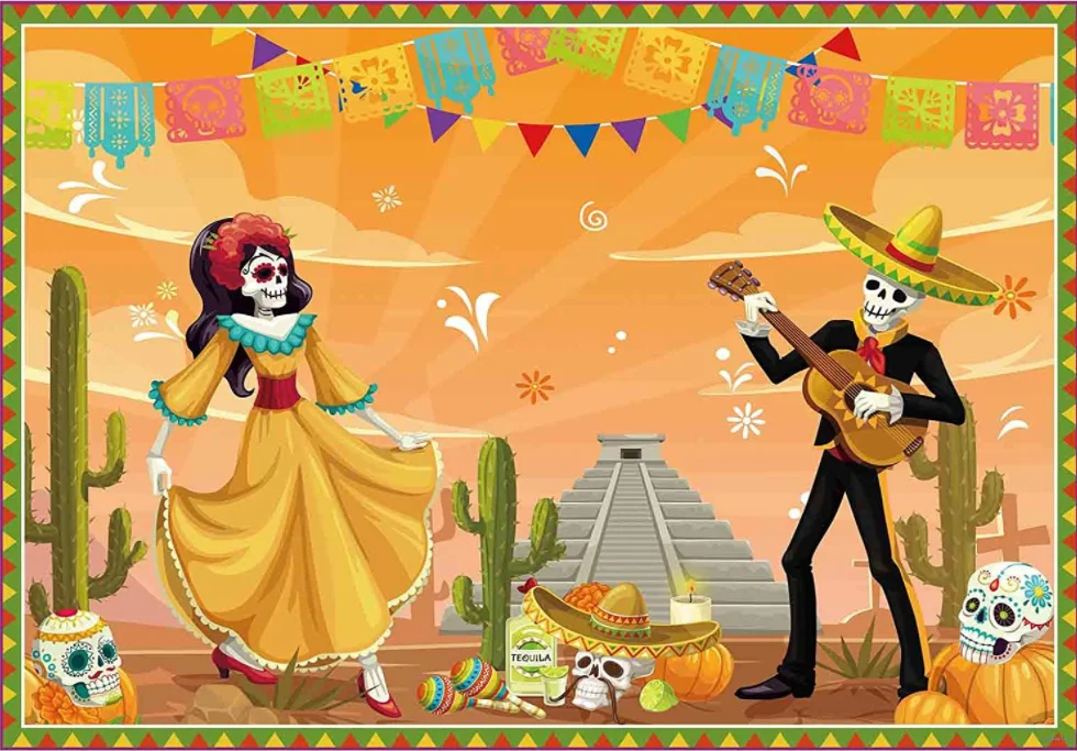 Day of The Dead Photography Backdrop Mexican Party Banner Dia DE Los Muertos Dress Up Background Fiesta Photo Booth Shoot