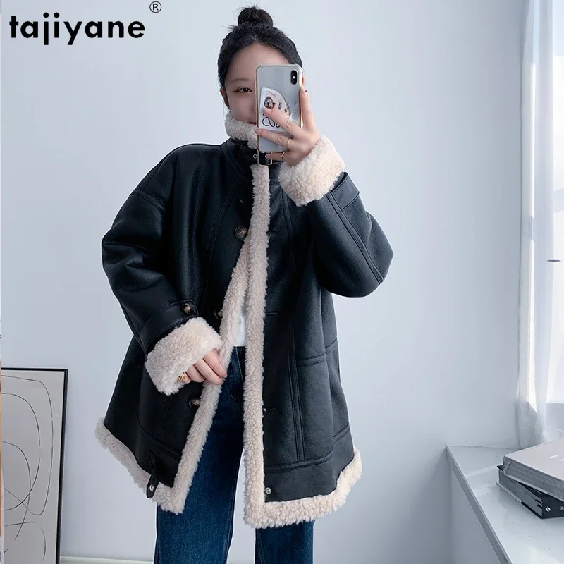 

Tajiyane Sheep Shearing Jacket Women Winter Casual Mid-length 100% Wool Coats Female Fur Coat Motorcycle Outerwears Casaco