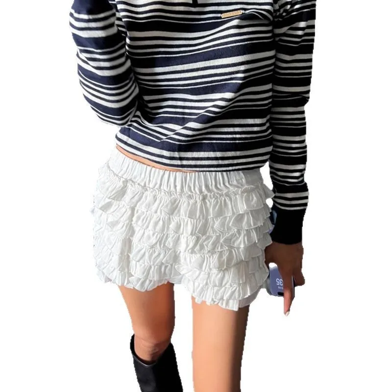 Spodnie damskie na wiosnę i lato 2025, urocze, z odkrytymi nogami, długie spódnico-spodnie typu \"cake\", z koronką w kształcie grzybów i bufiastymi szortami z kwiatowymi pąkami.