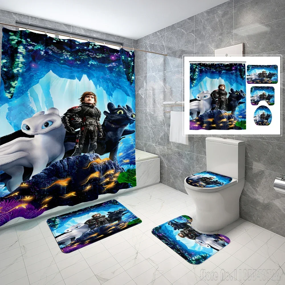 Disney How To Train Your Dragon Love Bath Shower Curtain Set 4pcs with Hooks Cartoon Decor Waterproof Bathroom Toilet Mat Lid