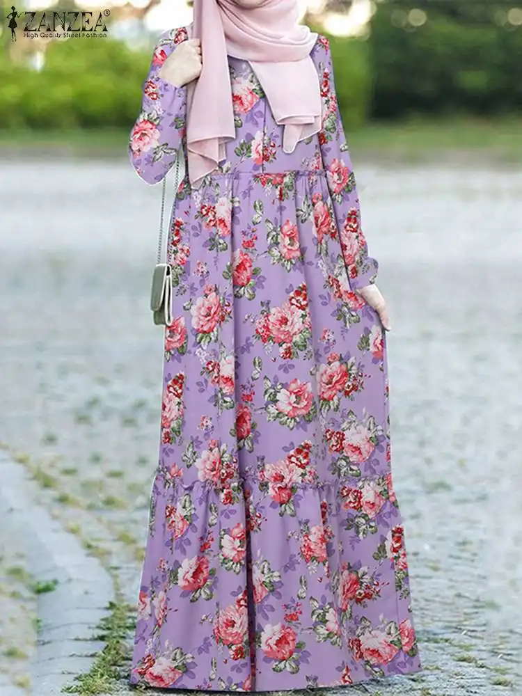 

ZANZEA Bohemian Muslim Dress Autumn Women Floral Printed Sundress Robe Femme Turkey Abaya Elegant Puff Sleeve Maxi Long Vestidos