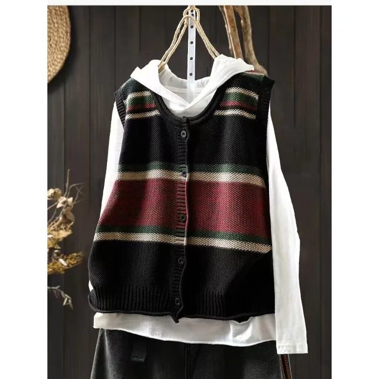plus Size Women's Knitted Vest Outerwear Striped Sleeveless Sweater Spring Autumn New Arrival Commute Style Single Button Clo...