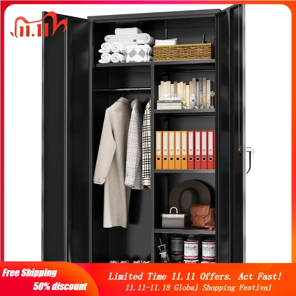 

Metal Storage Cabinet with 2 Doors, Steel Storage Wardrobe Cabinet, Locker Closet Clothing Coat Steel Wardrobe Home Office