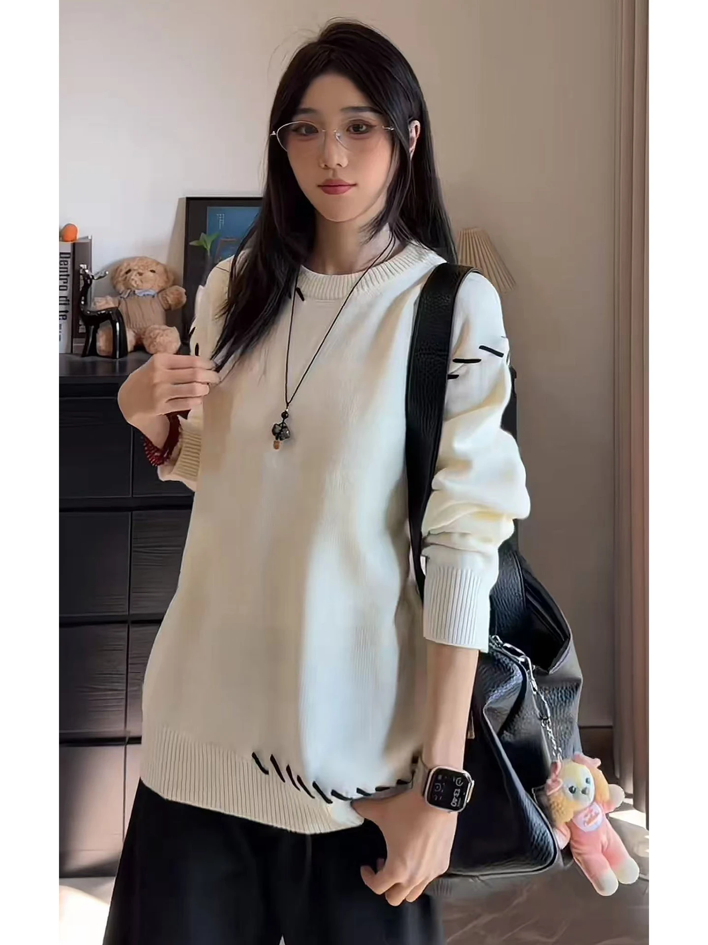 

Warm Heavyweight Men's round Ne Knitwear Hand-Sewn White Crew Ne Sweater Cleanfit Base Layer irt for Winter American Sle