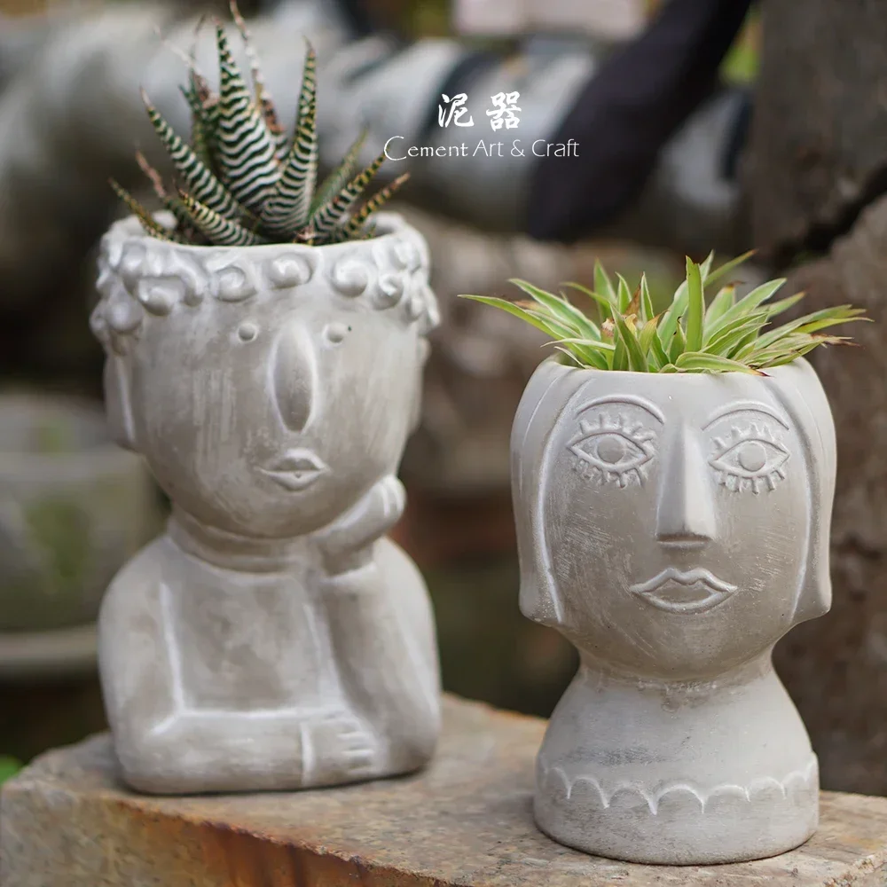 

Mud utensils, modern cartoon creative portraits, cement flower pots, ornaments, succulent green plants, balcony desktop