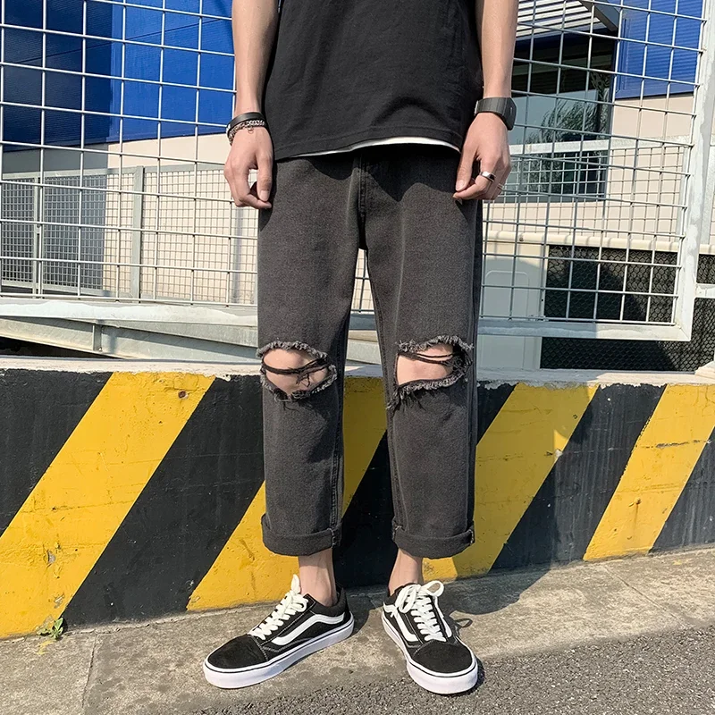 

Straight Jeans Men Wide Jeans Black Blue Loose Denim Trousers Fashion Jean Streetwear Man Spring Distressed Wide Leg Pants