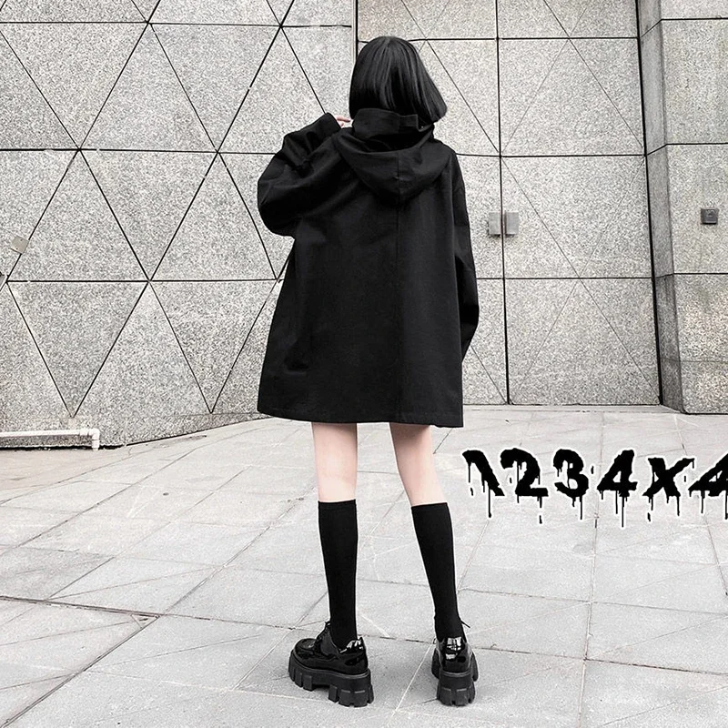 Trench Women Harajuku Black Dark Style BF Hooded Cool Girls Loose New Spring Kroean Fashion Students Chic Streetwear Coats Femme