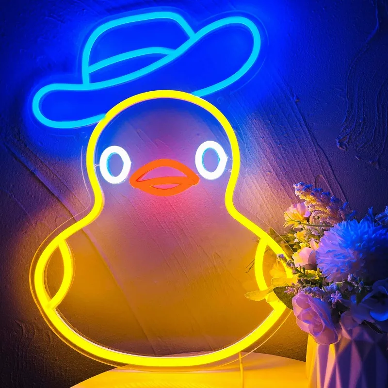 Duck Neon Kids Room Decor Yellow Wall Sign Business LED Neon Bedroom Wall Decor Party Decoration Teen Girl Boy (Blue Cowboy Hat)