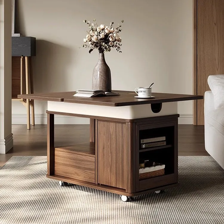 Lifting tea table multi-functional light luxury tea table household living room movable trolley solid wood small apartment foldi