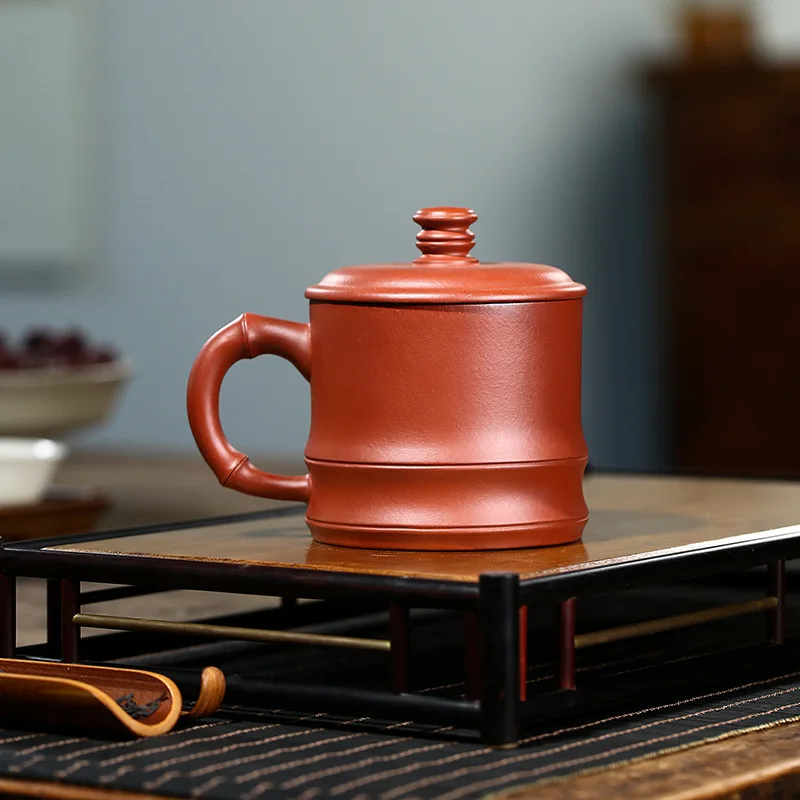 

High Quality Yixing Purple Sand Bamboo Joint Cup with Cover Hand-Carved Large Ore Dahongpao Tea Mud Household