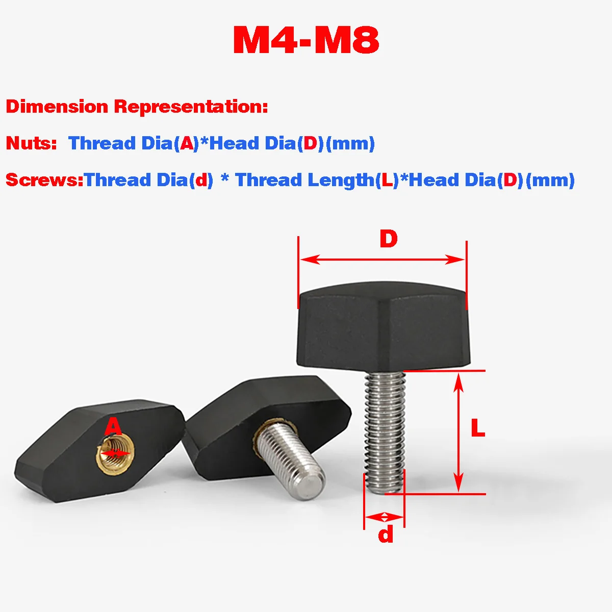 

304 SS Diamond-Shaped Plastic Head Screw / Slotted Handle T-Handle Bolt M4M5M6M8