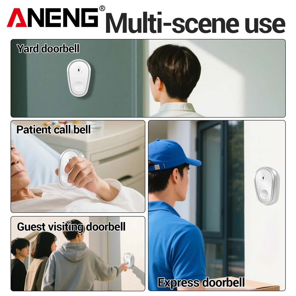 ANENG Smart Wireless Doorbell Remote US Plug Reception High Volume  4 Volume Adjustable Chime Security Alarm Call Door Receive