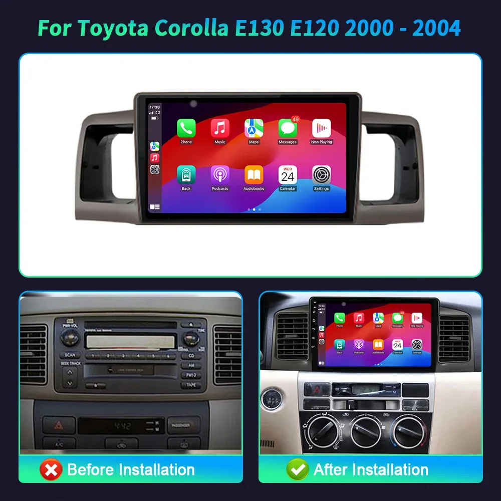 Android 14 4G GPS Car Radio For Toyota Corolla E130 E120 2000-2004 Navigation Multimedia Wireless Apple BT Carplay Screen Stereo