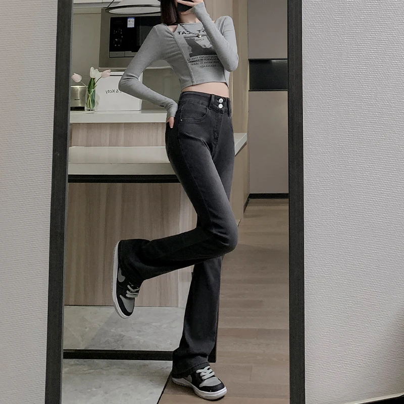 

Женские расклешенные джинсы с высокой талией на подкладке, зимние теплые облегающие длинные брюки-копыта, хлопковые эластичные джинсовые джинсы