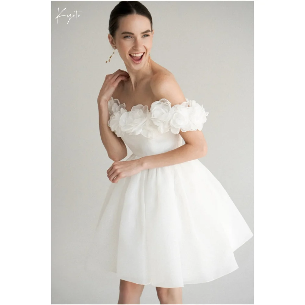 

Kyoto Customized White Off Shoulder 3D Flowers Wedding Dress A-line Simple свадебное платье Mini After Party vestidos de novia