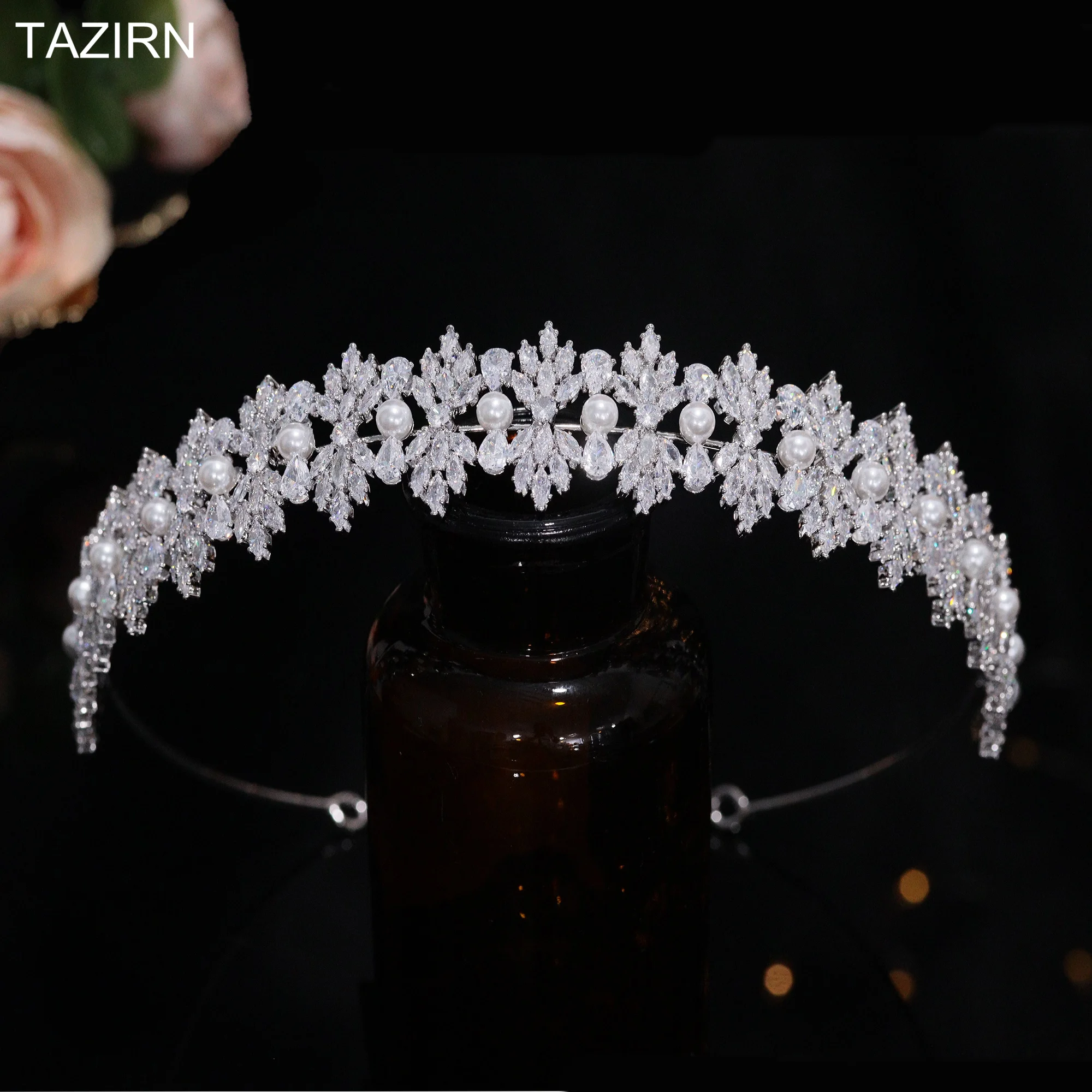 

TAZIRN Cubic Zirconia Pearls Wedding Headband for Women Prom Party Lengthened CZ Headpiece Exquisite Sweet 16 Hair Accessories