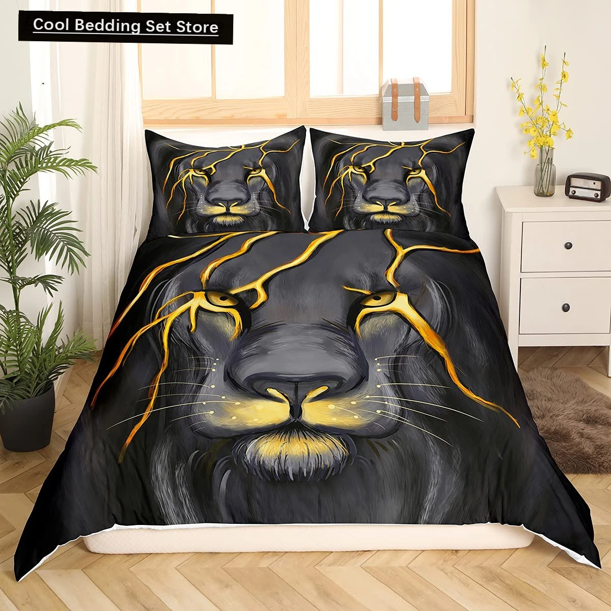 

Lion King Queen Duvet Cover Animal Bedding Set Lightning Golden Lion 2/3pcs Quilt Cover Grey Black Gold Polyester Quilt Cover