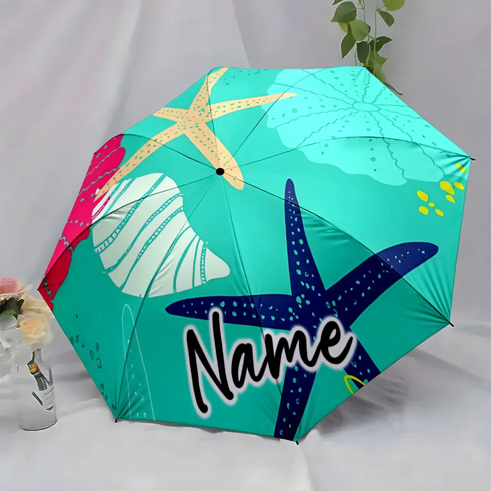 Custom Name Colorful Sea-Themed Umbrella with Starfish and Shell Design 8 Iron Ribs Folding Umbrella Auto-Open Fashion Sunshade