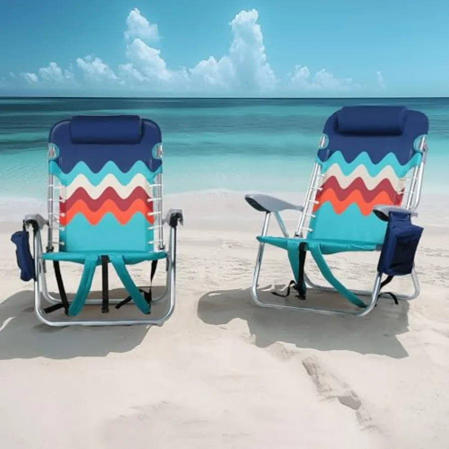 

Beach chairs set of 2 with cooler bag: blue Oxford fabric, aluminum frame, 4-position lay-flat folding design, backpack straps,