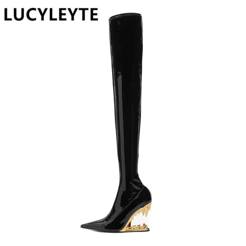 2023 Women\'s European and American Banquet Show Shoes, Autumn and Winter Pointed Tiger Tooth Shaped Heel Over-knee Elastic Boots