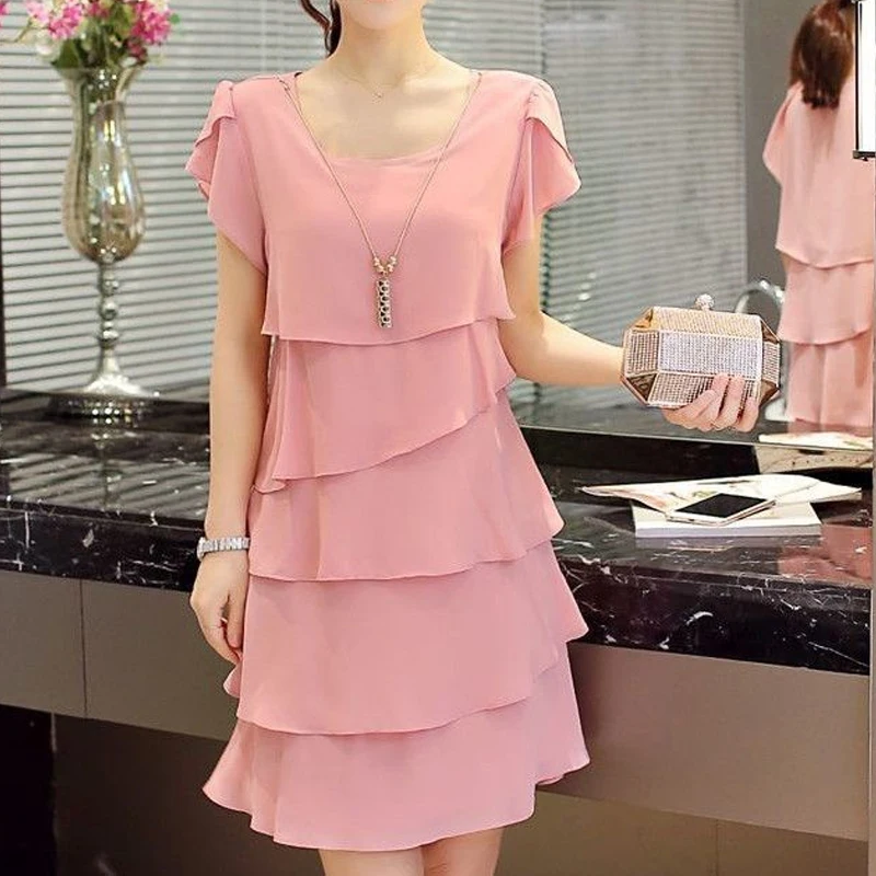 Summer New Chiffon Patchwork Ladies Dresses Short Sleeve Solid Color Loose Irregular Midi Dress Elegant Fashion Women Clothing