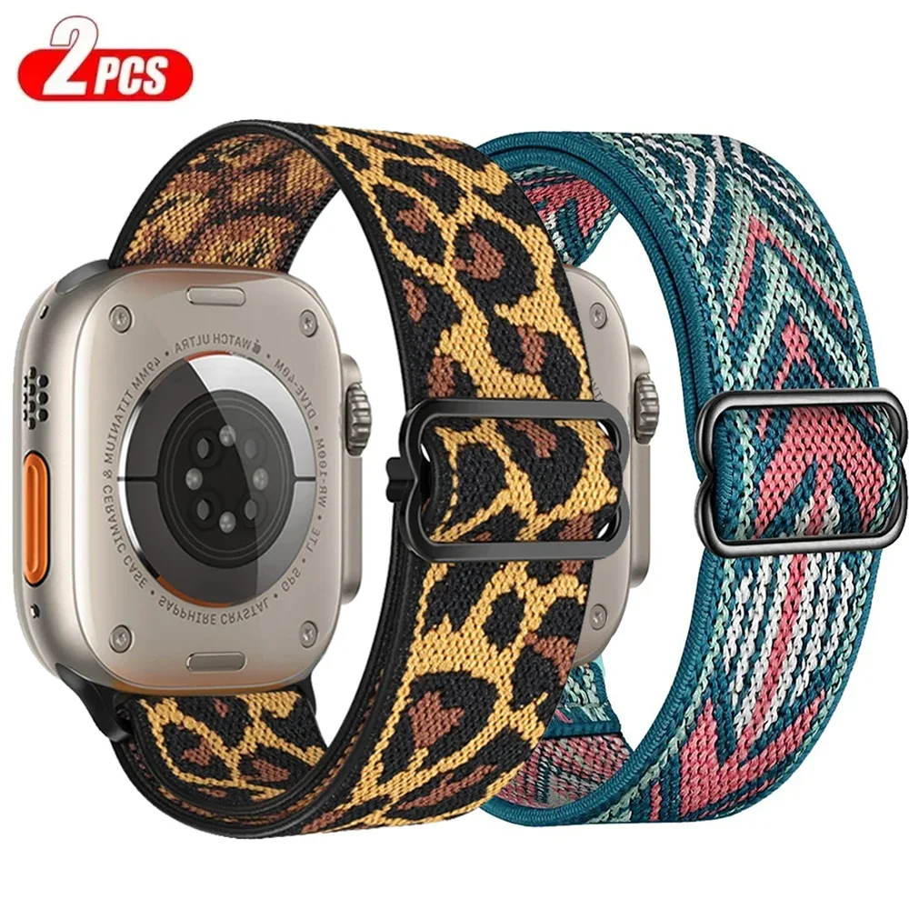 Elastic Nylon Strap for Apple Watch Band 44 mm 45mm Ultra2 49mm Series 9/8/742mm 2pack Bohemian Bracelet iWatch 6 5 4 Se 40/41mm