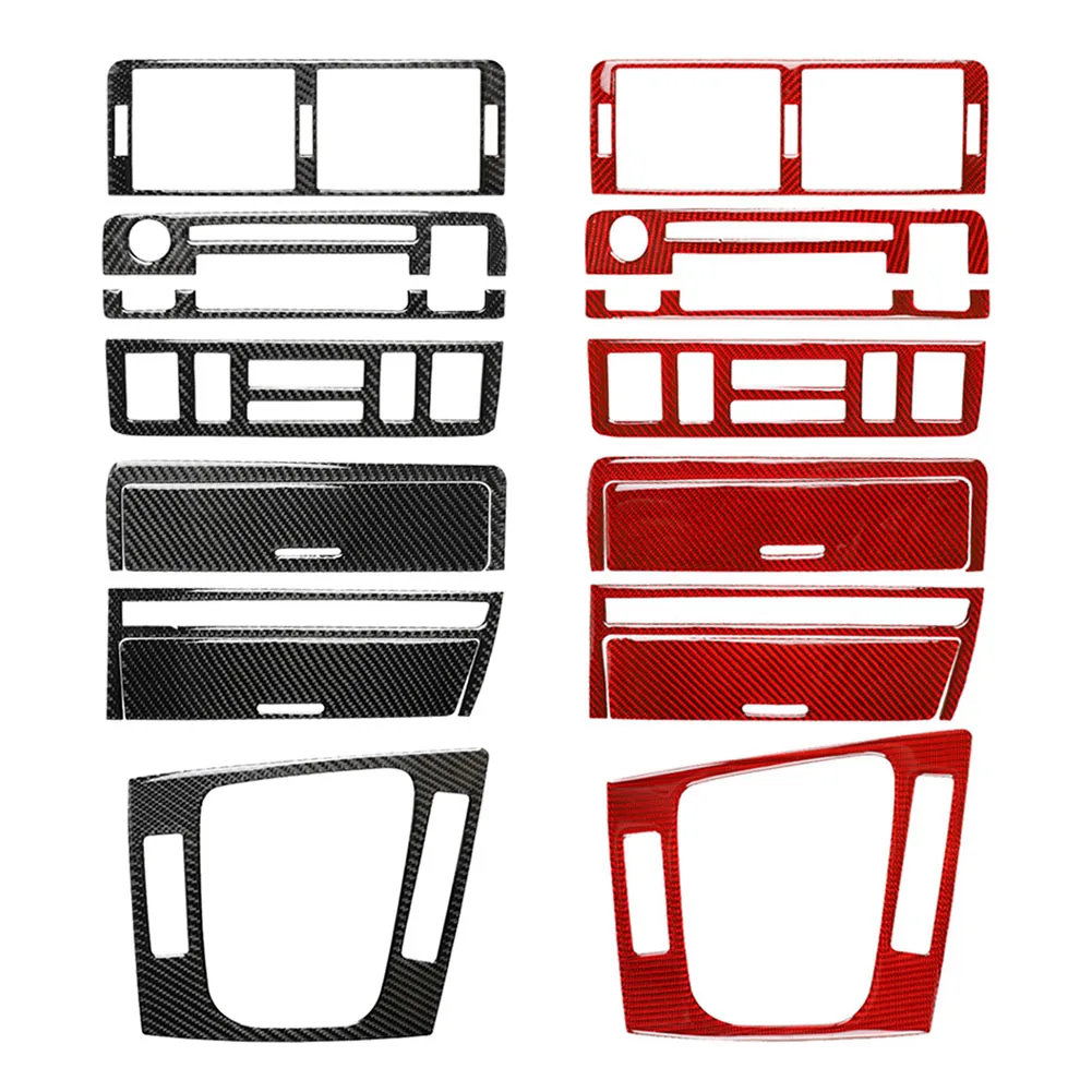 9 Pcs RHD Car Interior Central Console Cover Decorative Trim For BMW E46 3Series 1998-2005 Carbon Fiber Pattern Black/Red