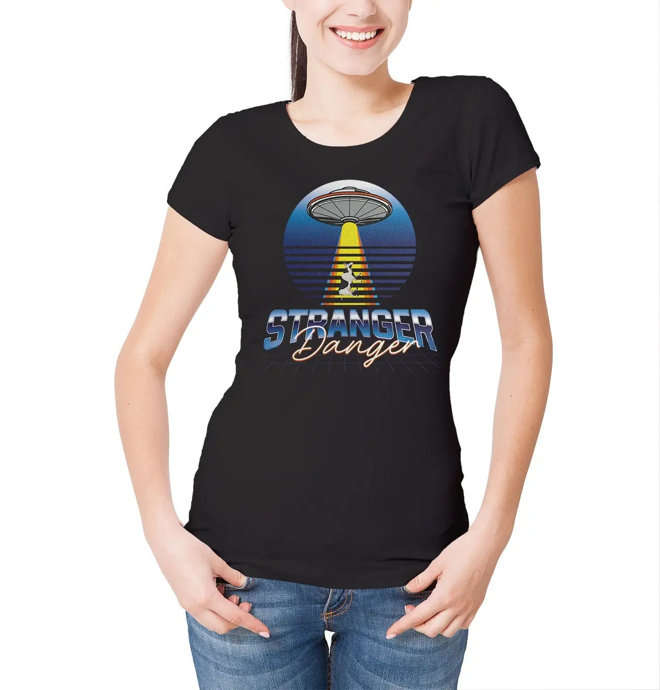 Womens Stranger Danger Funny Ufo Cow Abduction Uap Area 51 T Shirt