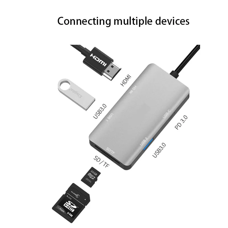 Estação de Dock Externa, Adaptador Tipo-C para HDMI-compatível, Splitter, USB 3.0, SD, Leitor de Cartão TF, 4K Screen Saver, Screen Saver