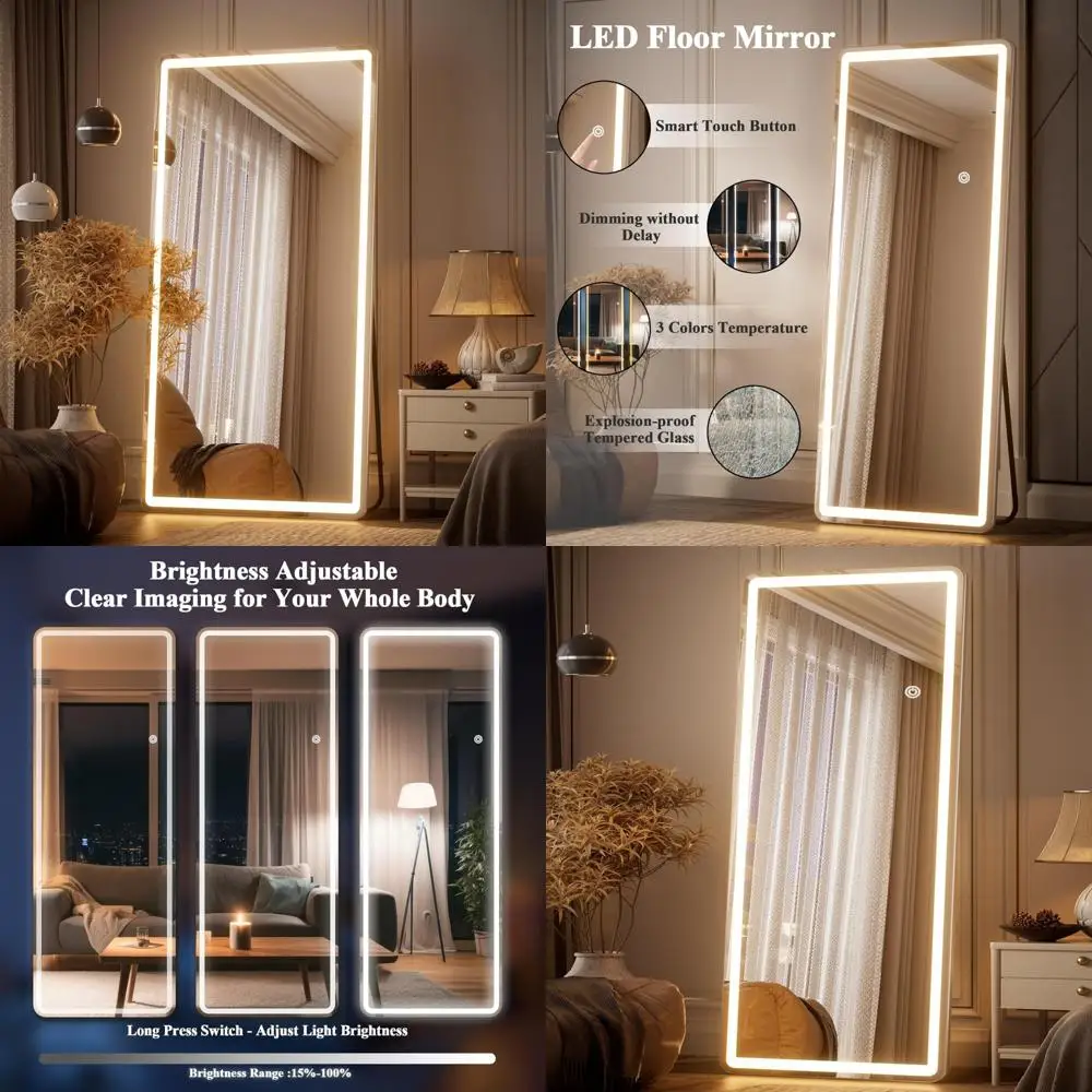 Espelho de comprimento total iluminado por LED, 71 x 30 de chão, cantos arredondados, iluminação de 3 cores, ideal para quarto ou vestiário