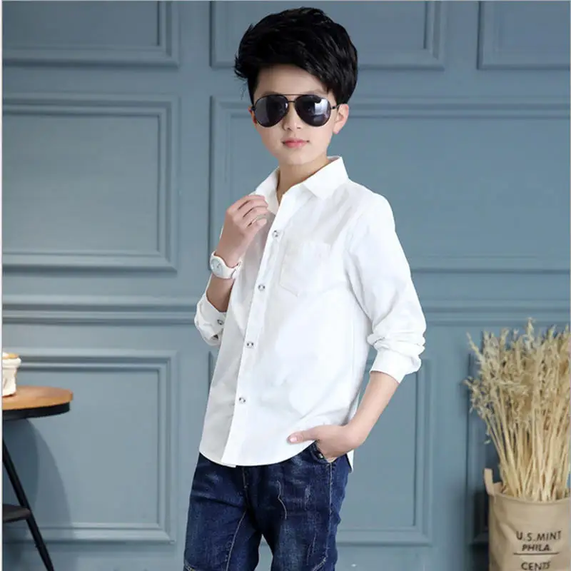 Kids Clothing Spring 2021 Long Sleeve Boys Shirts Fashion Cotton Solid White Shirt Children Turn-down Collar Button Tops 8 12y