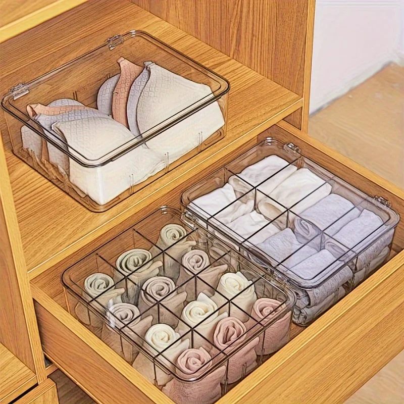 Multi-grid Underwear  Box With Lid, Plastic Underwear  Basket For Underwear, Panties, Socks, Household Space Saving Organizer Of